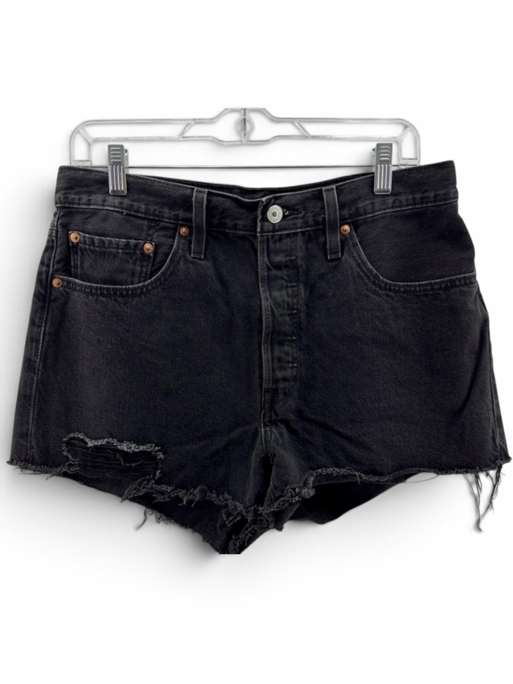 Levi’s 501 Black Original Hi Rise Distressed Denim Button Fly Shorts Size 31